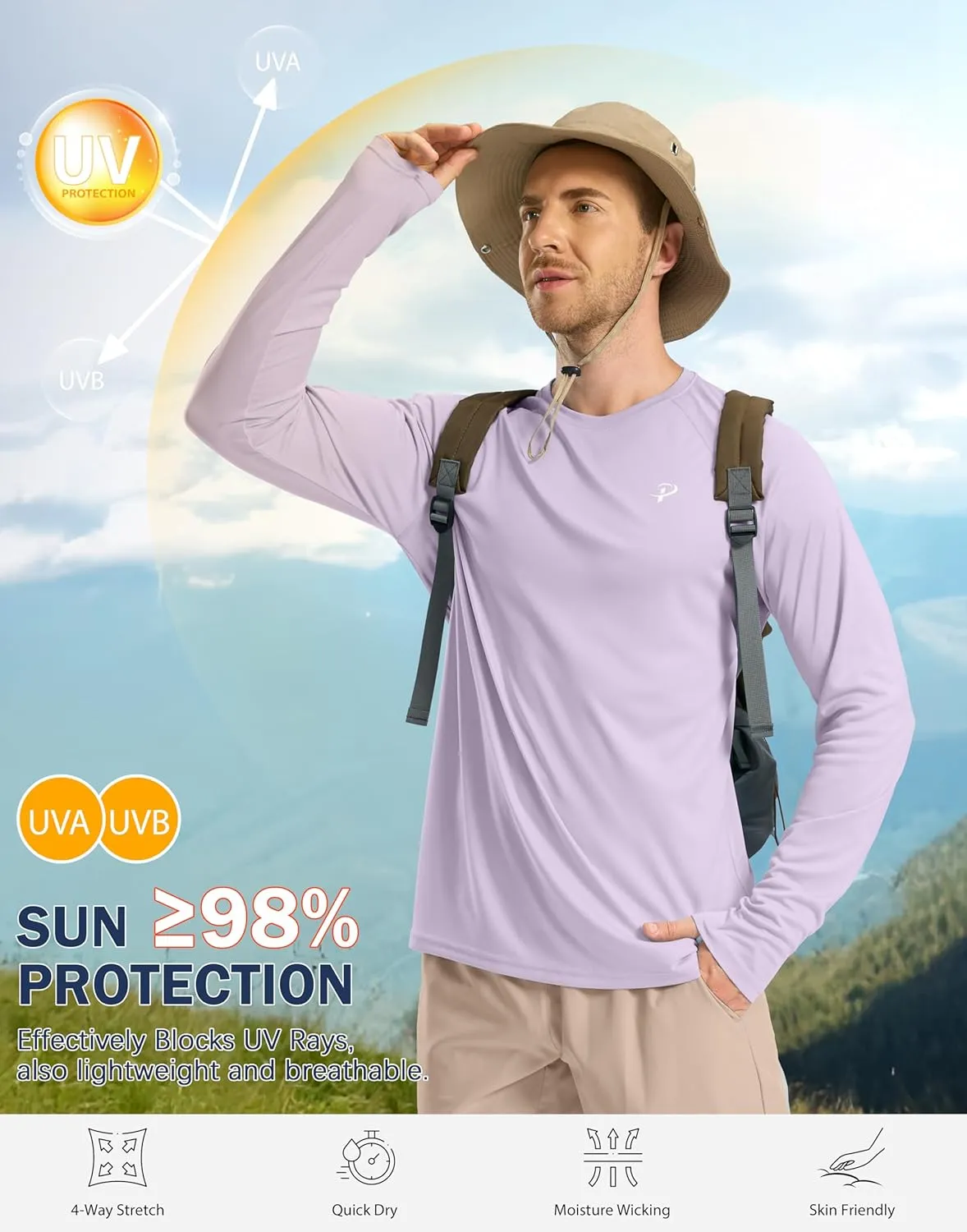 Pudolla Men's Sun Protection Shirts UV SPF UPF 50  Rash Guard Long Sleeve Lightweight Quick Dry Brethable Swimming Fishing