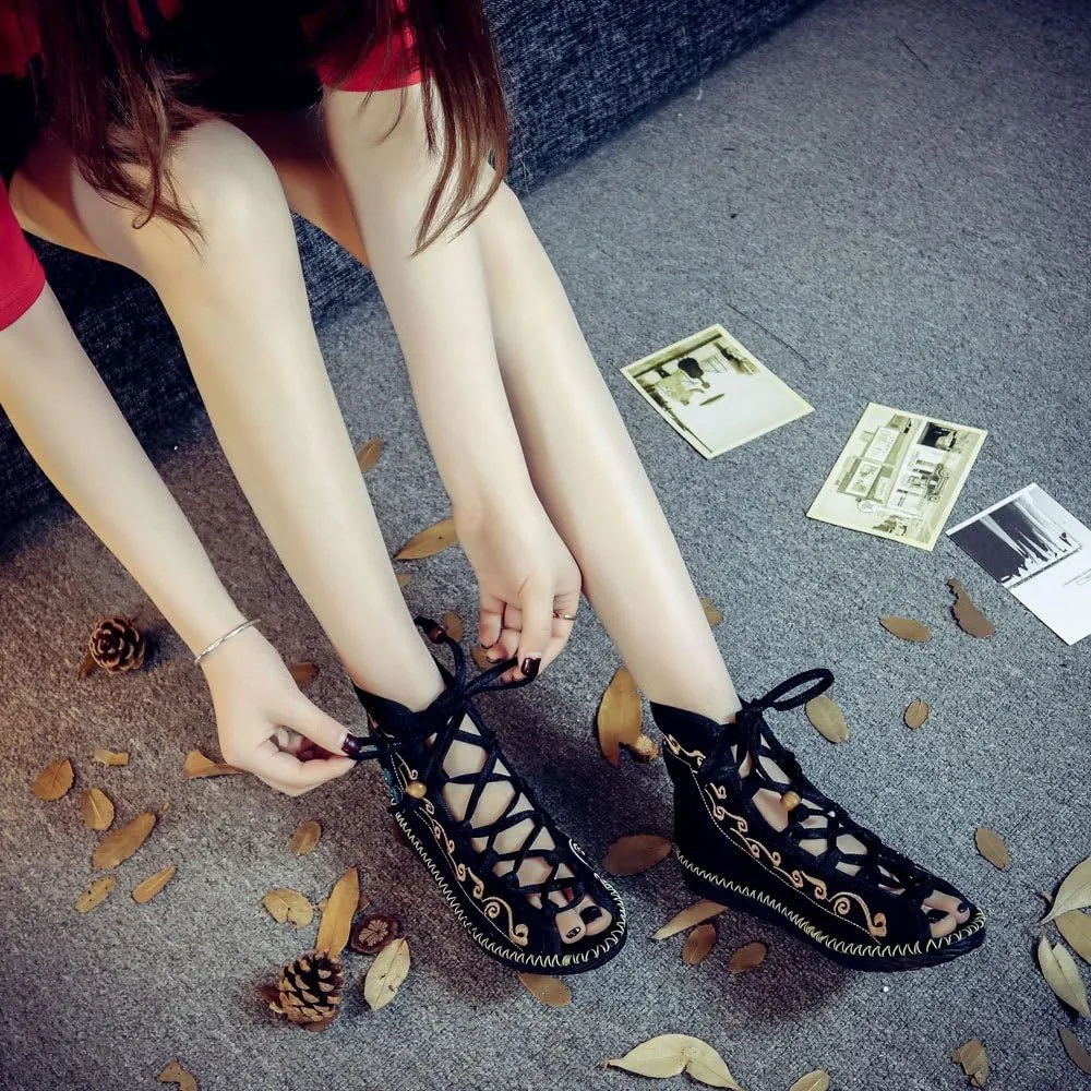 Qhome Women's Floral Embroidery Comfortable Casual Walking Canvas Bandage Flat Shoes