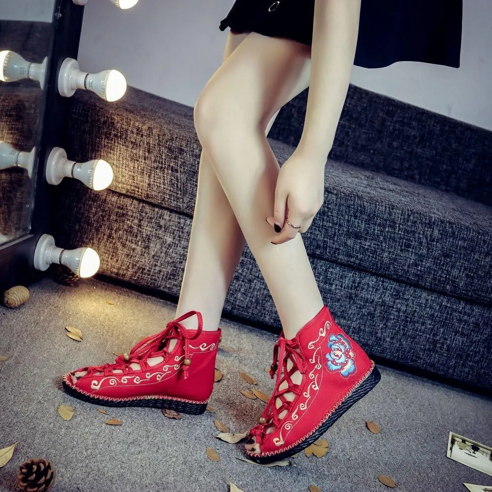 Qhome Women's Floral Embroidery Comfortable Casual Walking Canvas Bandage Flat Shoes