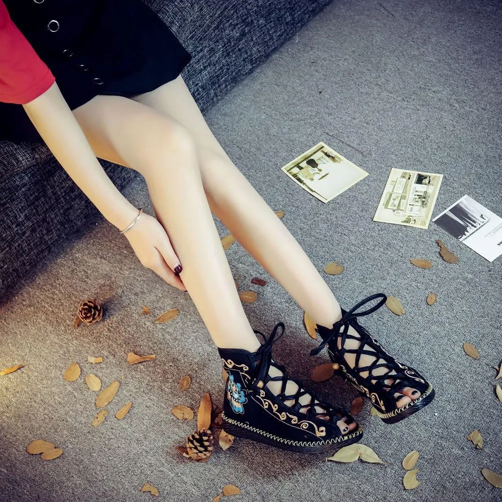 Qhome Women's Floral Embroidery Comfortable Casual Walking Canvas Bandage Flat Shoes