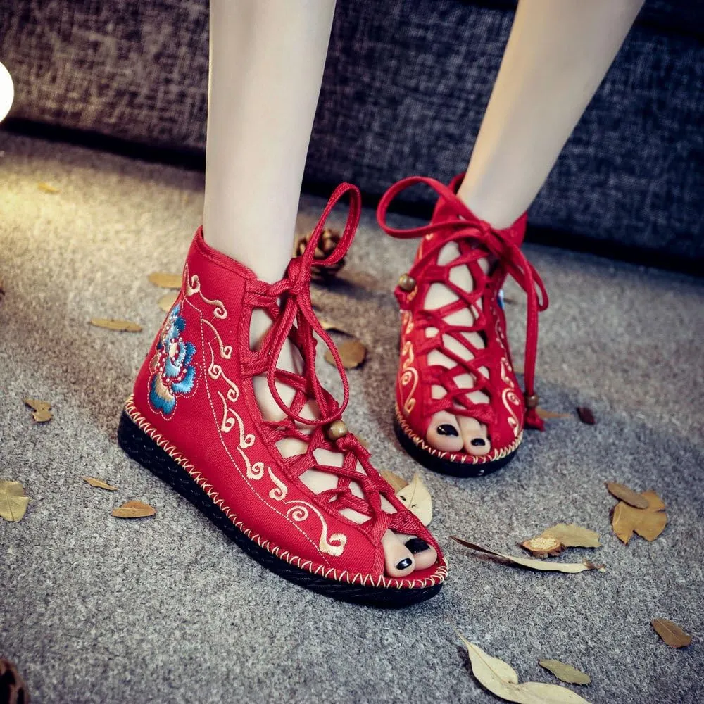 Qhome Women's Floral Embroidery Comfortable Casual Walking Canvas Bandage Flat Shoes
