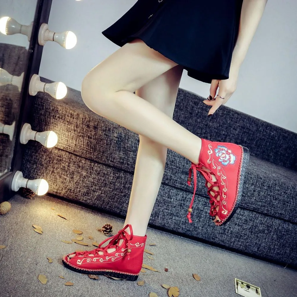 Qhome Women's Floral Embroidery Comfortable Casual Walking Canvas Bandage Flat Shoes