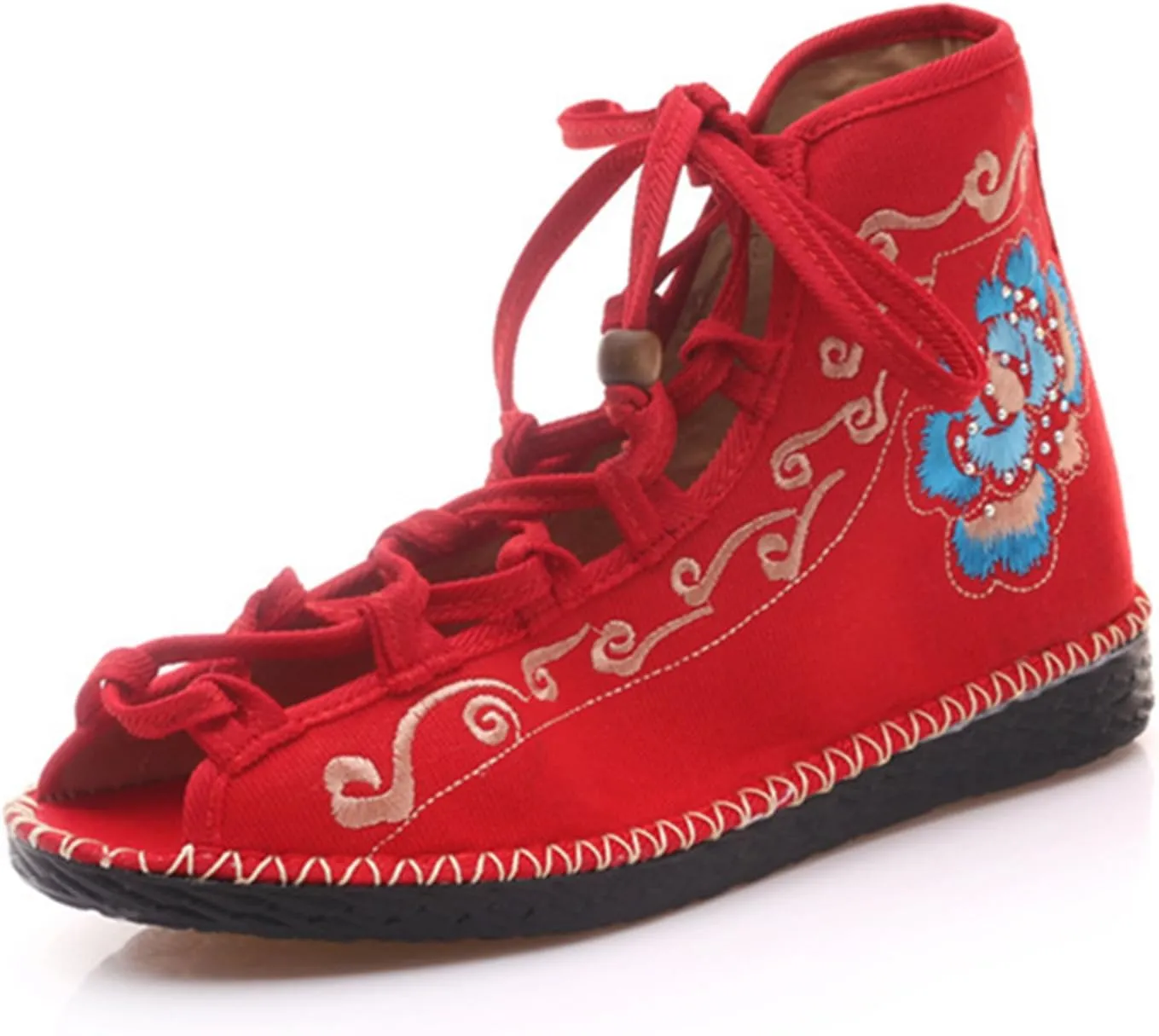 Qhome Women's Floral Embroidery Comfortable Casual Walking Canvas Bandage Flat Shoes