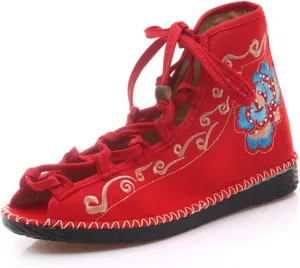 Qhome Women's Floral Embroidery Comfortable Casual Walking Canvas Bandage Flat Shoes