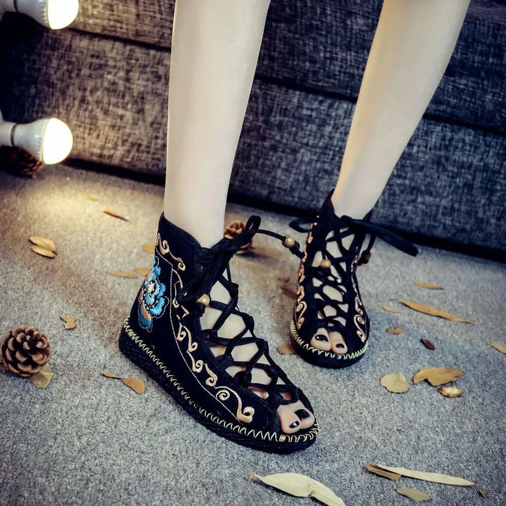 Qhome Women's Floral Embroidery Comfortable Casual Walking Canvas Bandage Flat Shoes