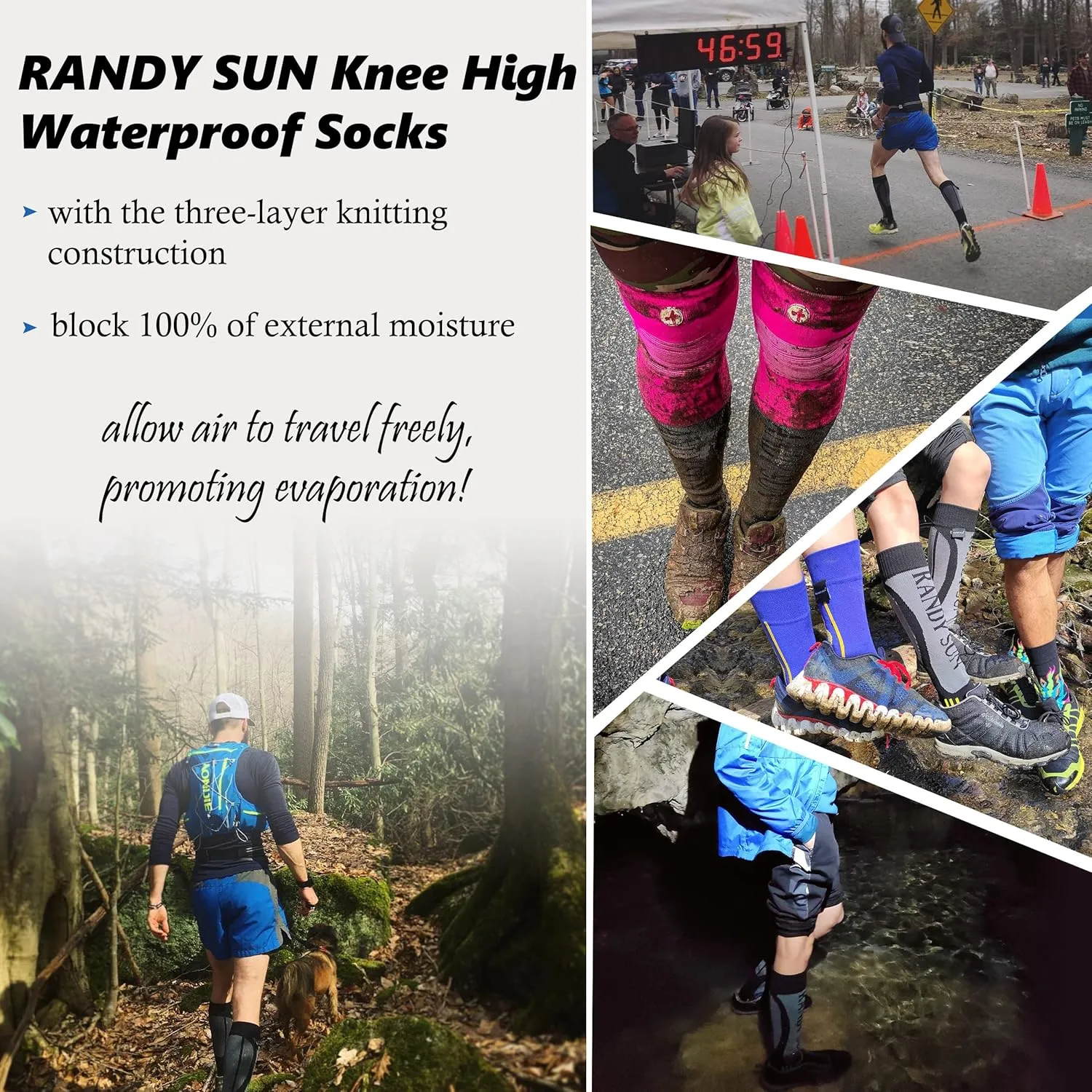 RANDY SUN Waterproof Skiing Socks, [SGS Certified] Unisex Knee High Breathable Hiking Trekking Sock 1 Pair