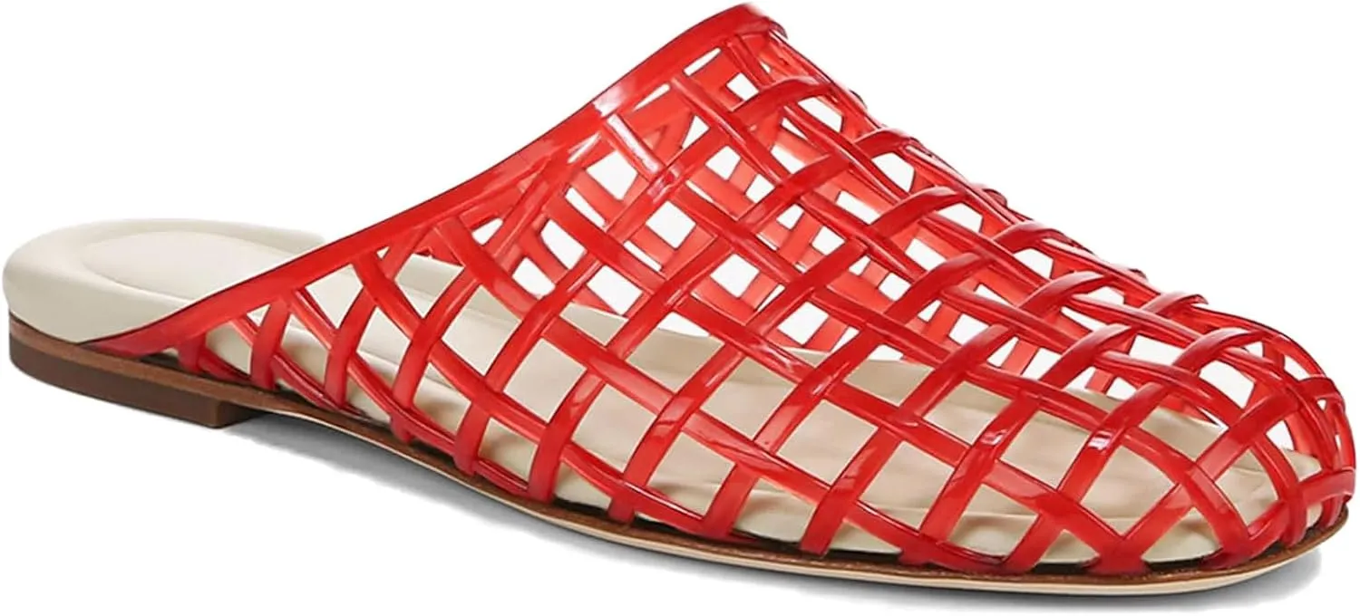 Red Mesh Jelly Mules for Women Clear Hollow Closed Toe Flat Sandals Beach Jellies Slippers Summer Slide Shoes