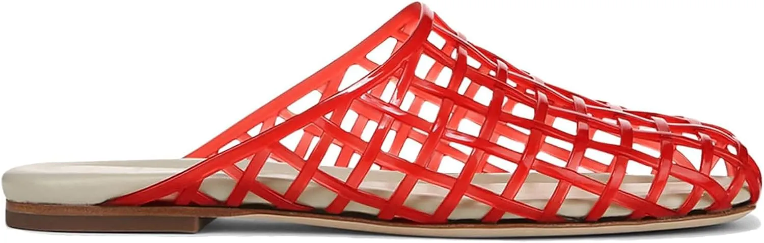 Red Mesh Jelly Mules for Women Clear Hollow Closed Toe Flat Sandals Beach Jellies Slippers Summer Slide Shoes