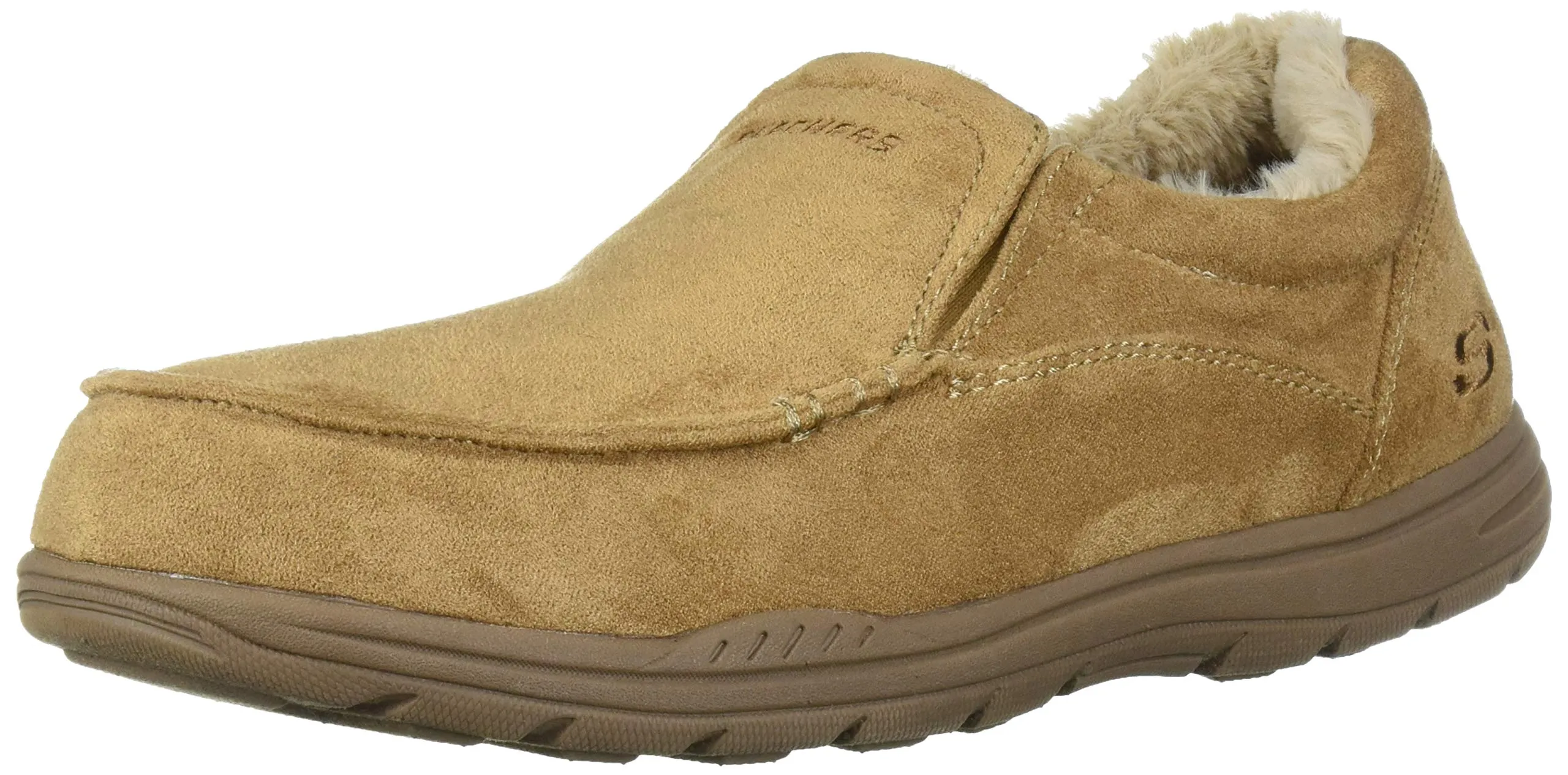 Reliable service Cushioned 66445 Slip Mens X Expected Comfortable Suede Tan Skechers On Slippers Quality-assured