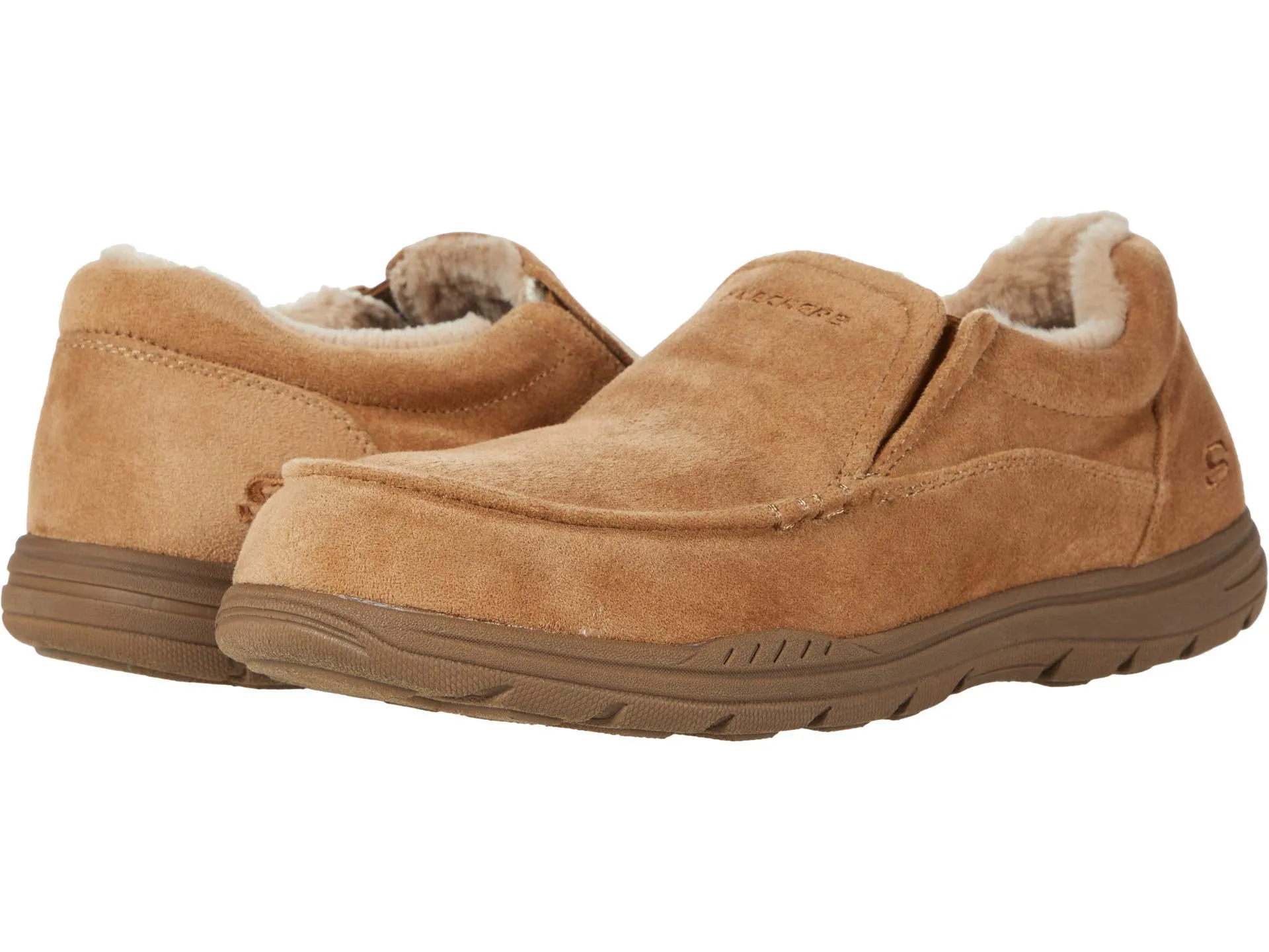 Reliable service Cushioned 66445 Slip Mens X Expected Comfortable Suede Tan Skechers On Slippers Quality-assured