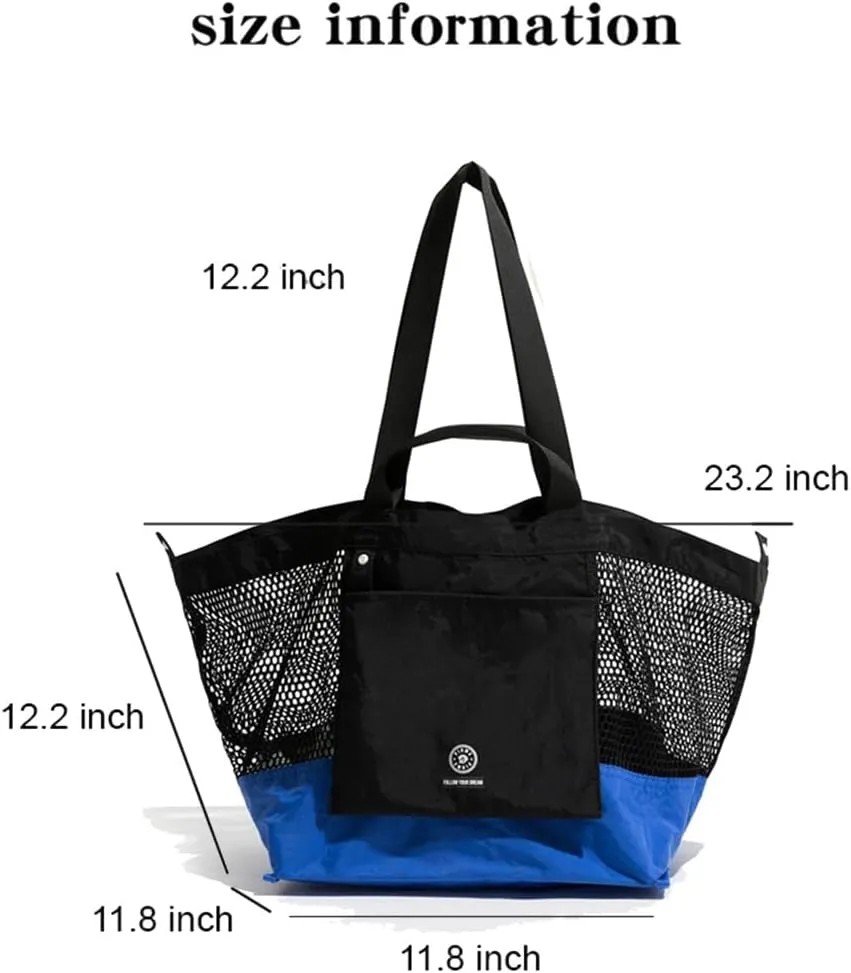 Reversible Mesh Canvas Tote Bag - Two-Tone Patchwork Shoulder Bag, Lightweight & Foldable for Beach, Gym, Travel