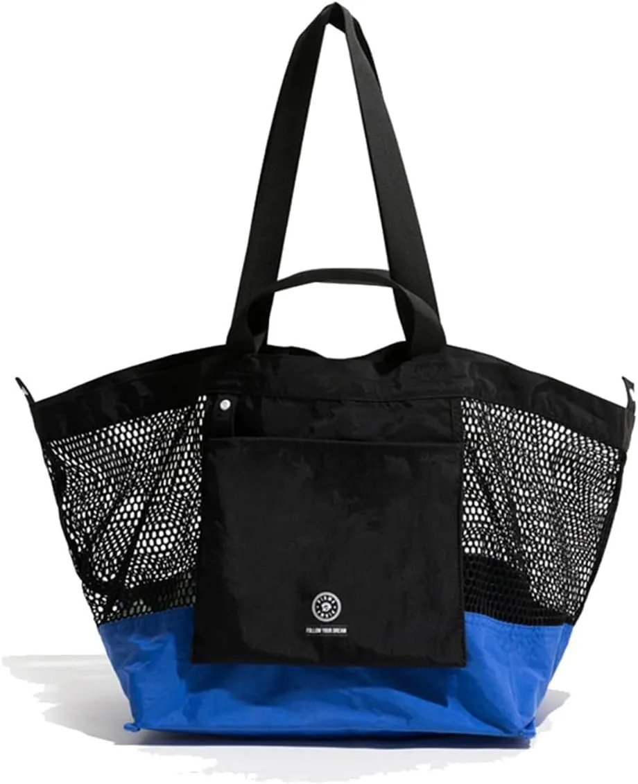 Reversible Mesh Canvas Tote Bag - Two-Tone Patchwork Shoulder Bag, Lightweight & Foldable for Beach, Gym, Travel