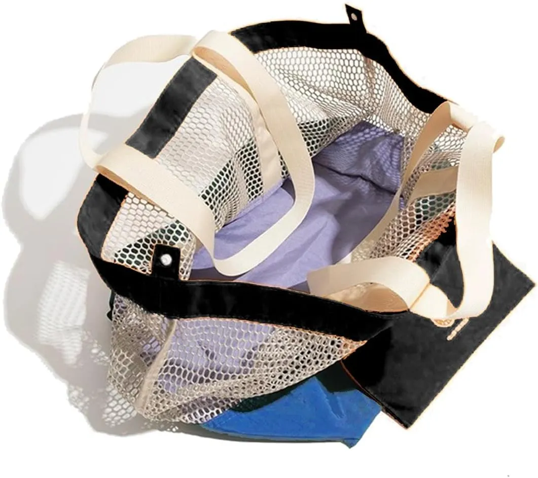 Reversible Mesh Canvas Tote Bag - Two-Tone Patchwork Shoulder Bag, Lightweight & Foldable for Beach, Gym, Travel