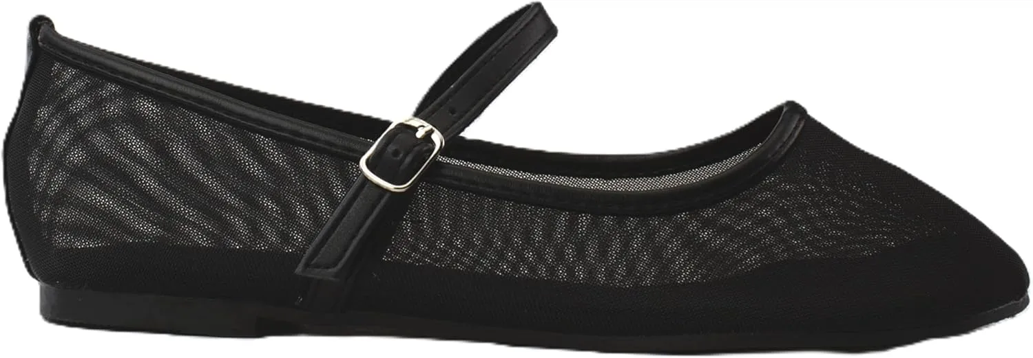 RF ROOM OF FASHION Women's Buckle Strap Mesh Mary Jane Ballet Flats