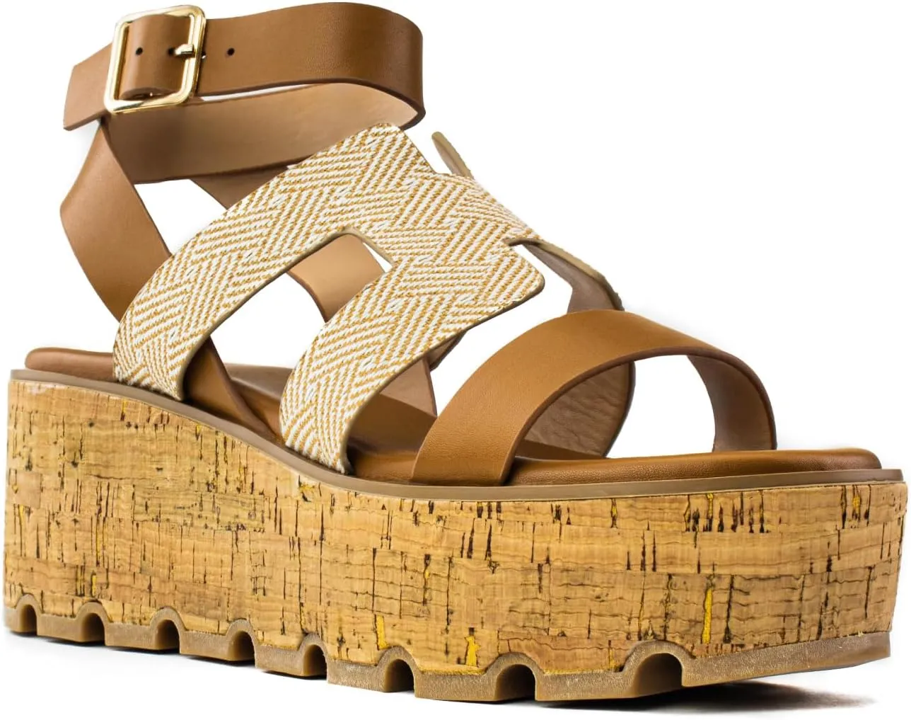 RF ROOM OF FASHION Women's Trendy Cutout Band Ankle Buckle Strap Cork Platform Wedge Sandals