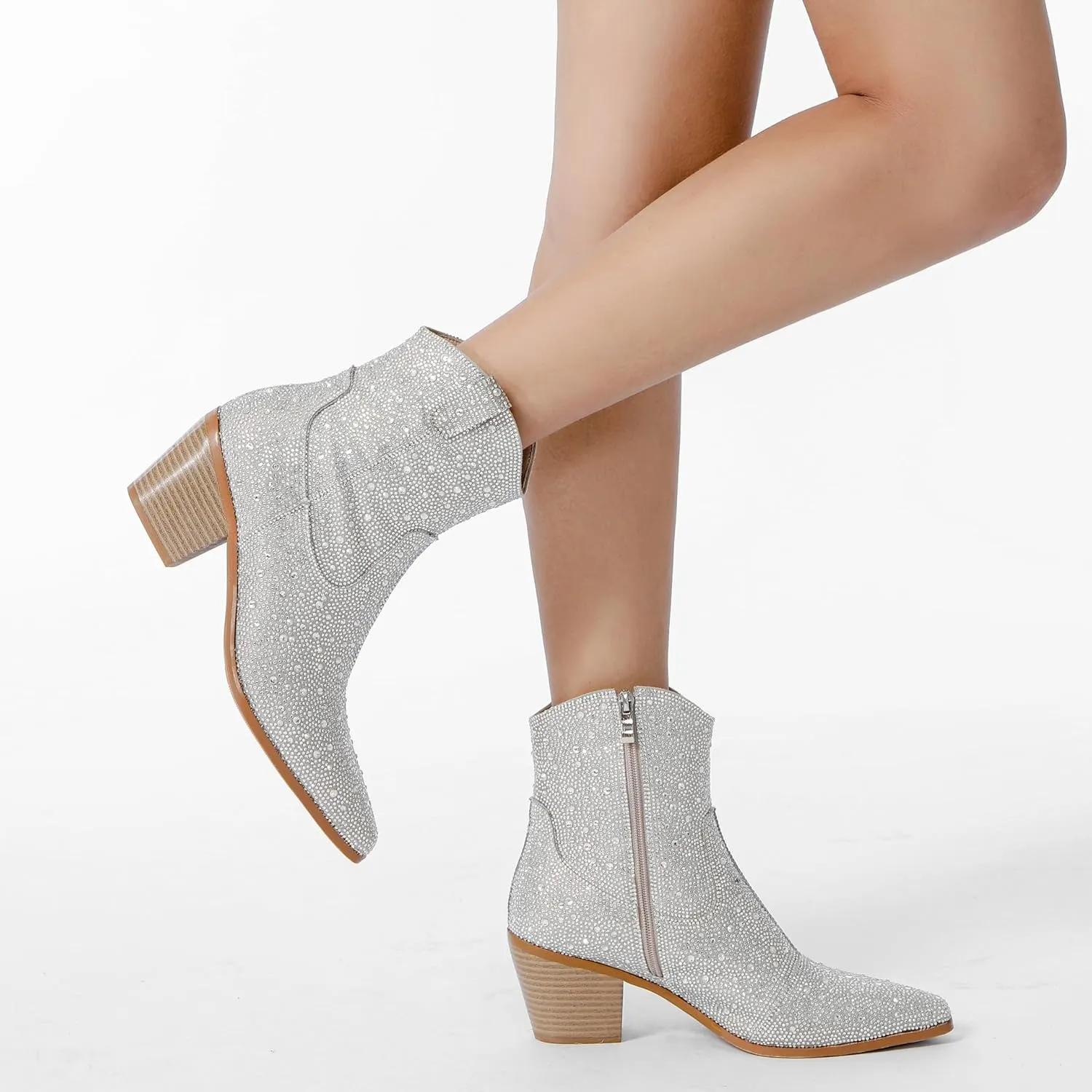 Rhinestone Booties for Women, Sparkly Cowgirl Boots Pointed Toe Chunky Heel Rhinestone Cowboy Ankle Booties