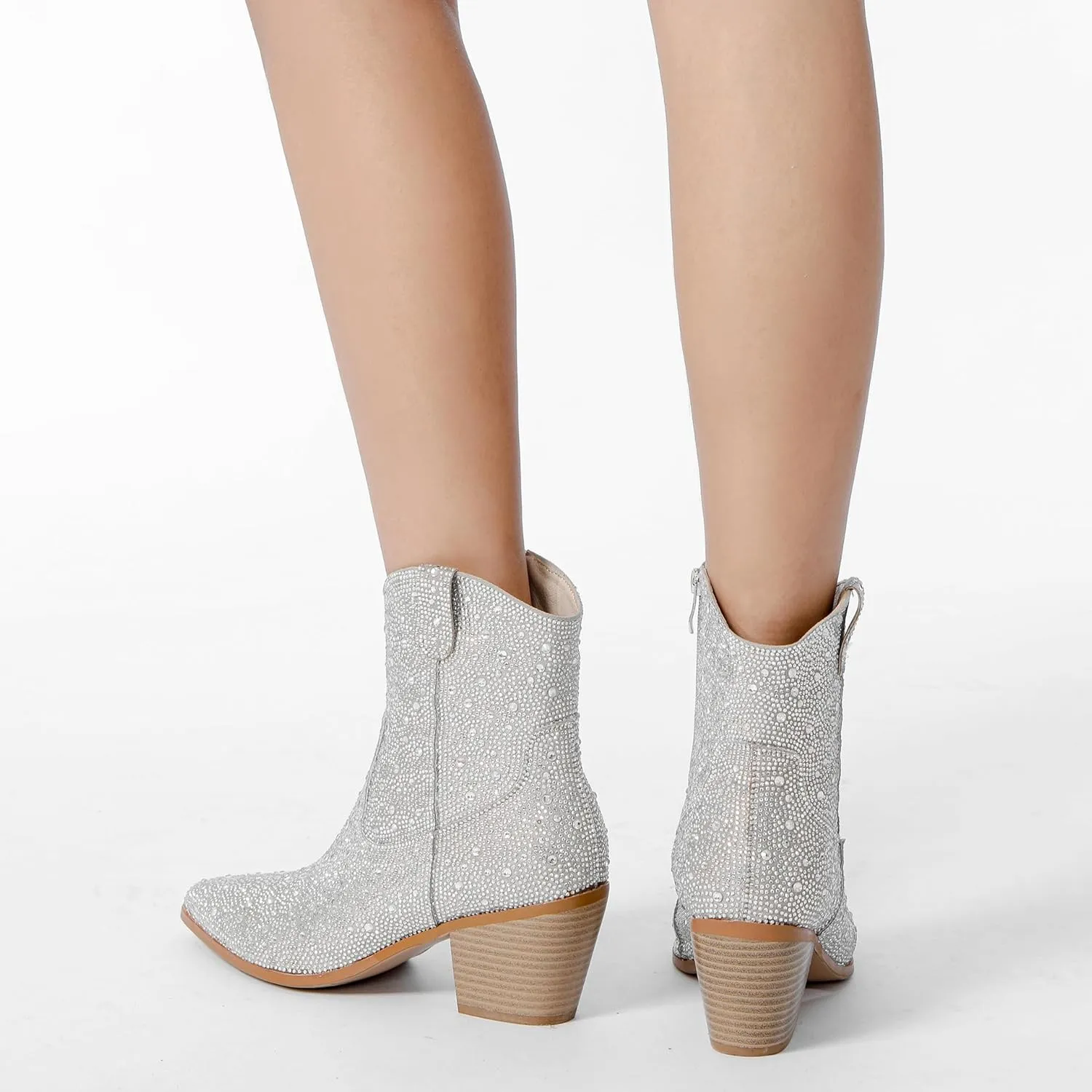 Rhinestone Booties for Women, Sparkly Cowgirl Boots Pointed Toe Chunky Heel Rhinestone Cowboy Ankle Booties