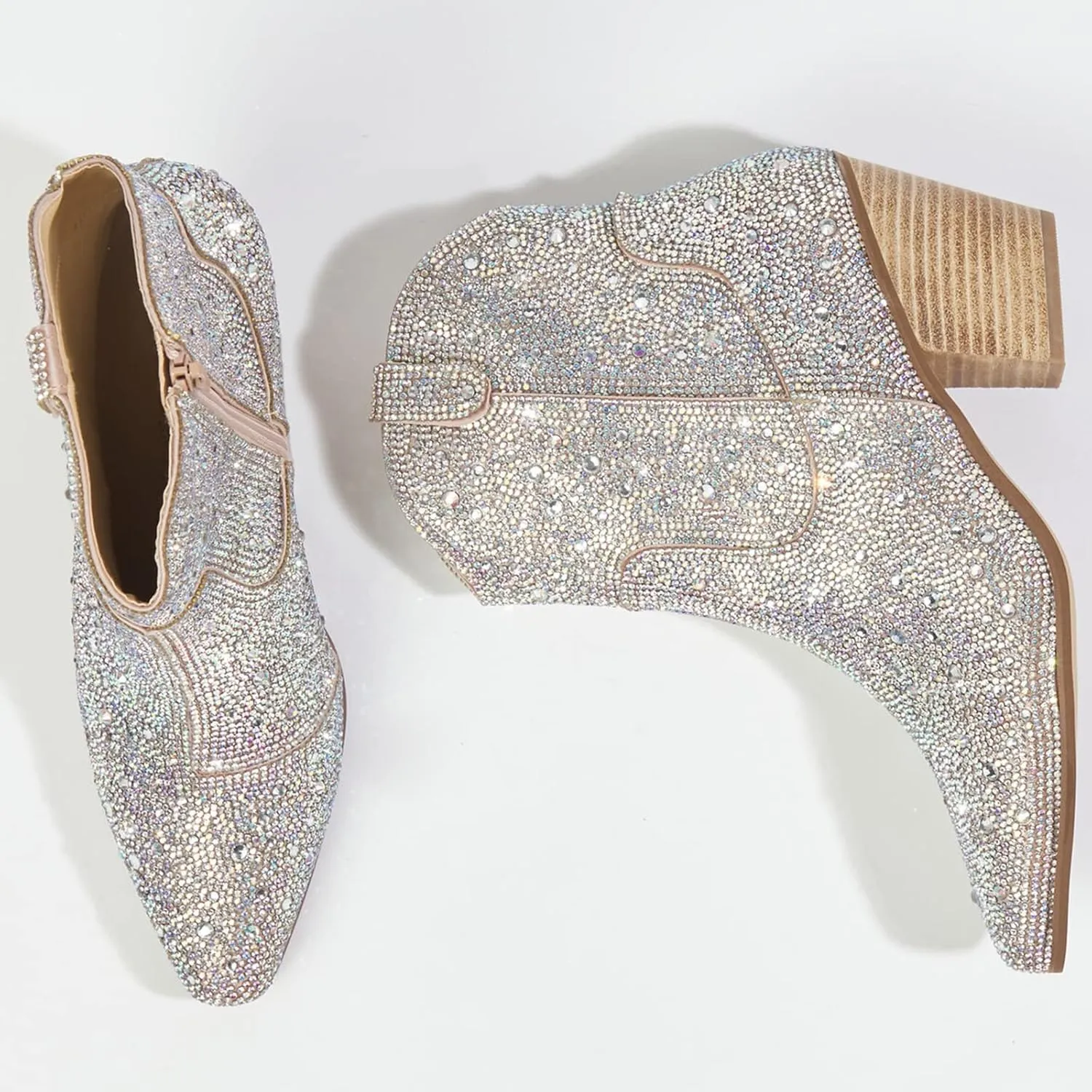 Rhinestone Booties for Women, Sparkly Cowgirl Boots Pointed Toe Chunky Heel Rhinestone Cowboy Ankle Booties