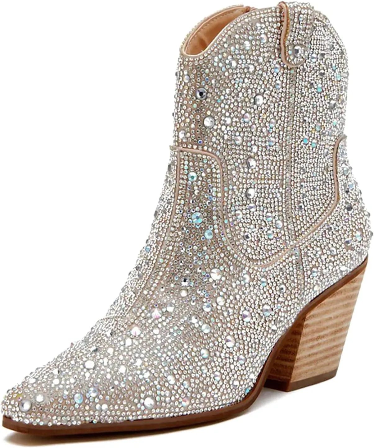 Rhinestone Booties for Women, Sparkly Cowgirl Boots Pointed Toe Chunky Heel Rhinestone Cowboy Ankle Booties