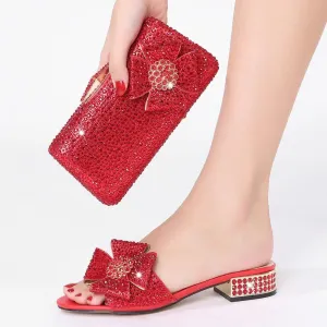 Rhinestone PU Short Heel Slippers with Daily Flash Rhinestone Party Shoe Bag