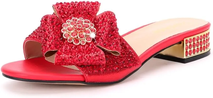 Rhinestone PU Short Heel Slippers with Daily Flash Rhinestone Party Shoe Bag