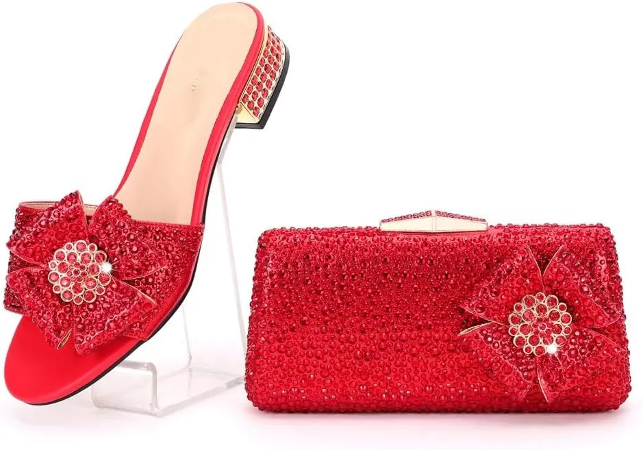 Rhinestone PU Short Heel Slippers with Daily Flash Rhinestone Party Shoe Bag