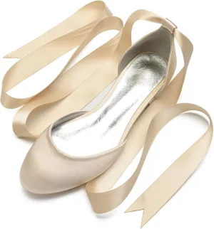 Ribbon Tie Wedding Flats for Bride 5047-62 Satin Comfortable Round Toe Party Dress Pumps Ballet Flat Shoes