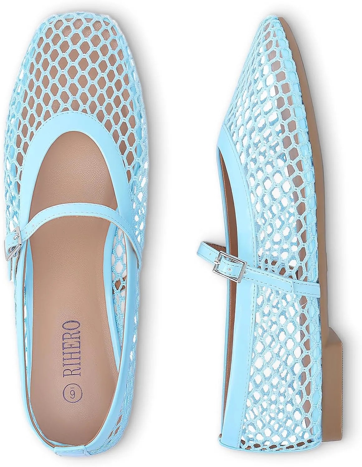 Rihero Mesh Ballet Flats for Women Comfortable Square Toe Ballerina Flats Buckle Strap Casual Fishnet Flat Shoes