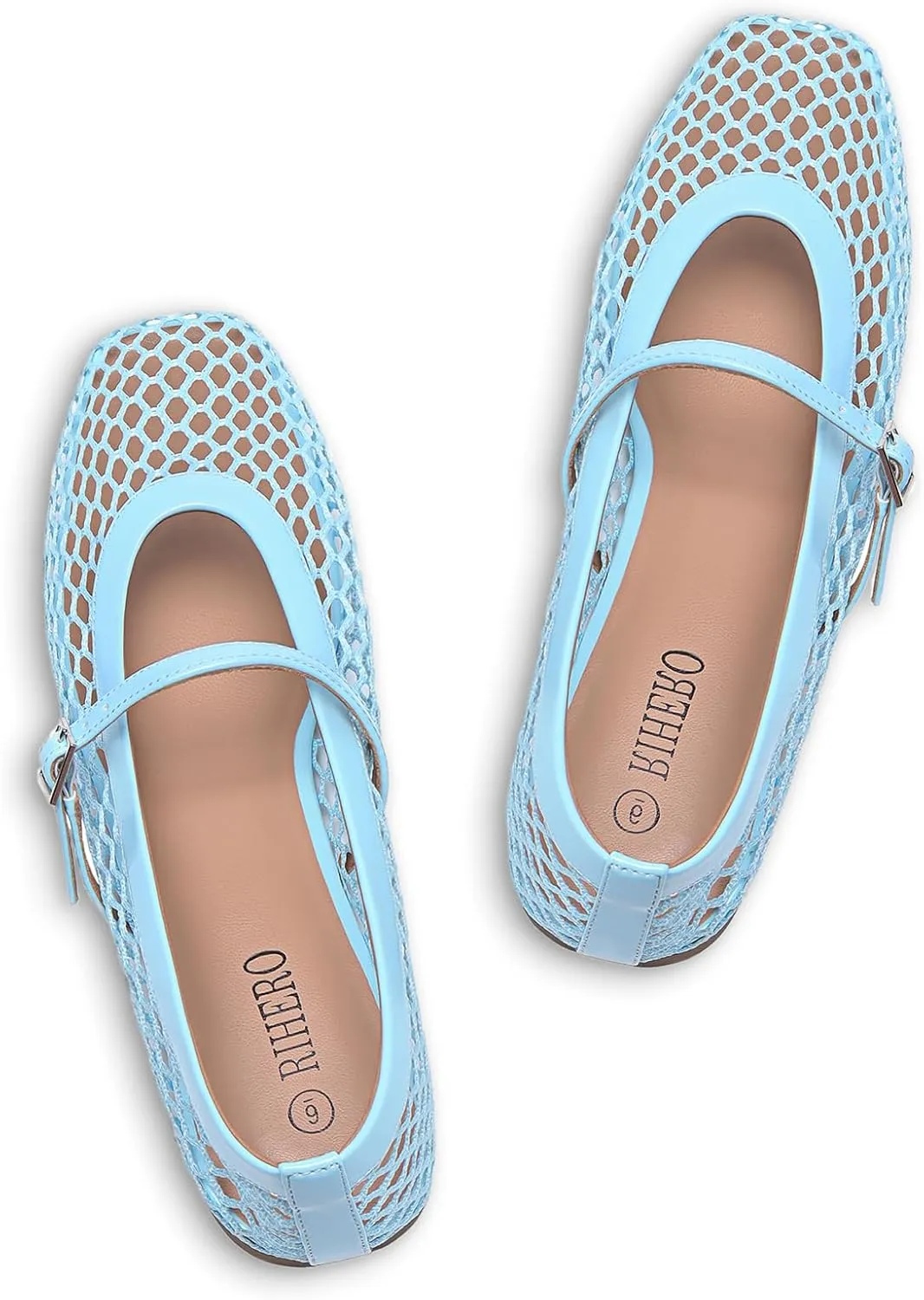 Rihero Mesh Ballet Flats for Women Comfortable Square Toe Ballerina Flats Buckle Strap Casual Fishnet Flat Shoes