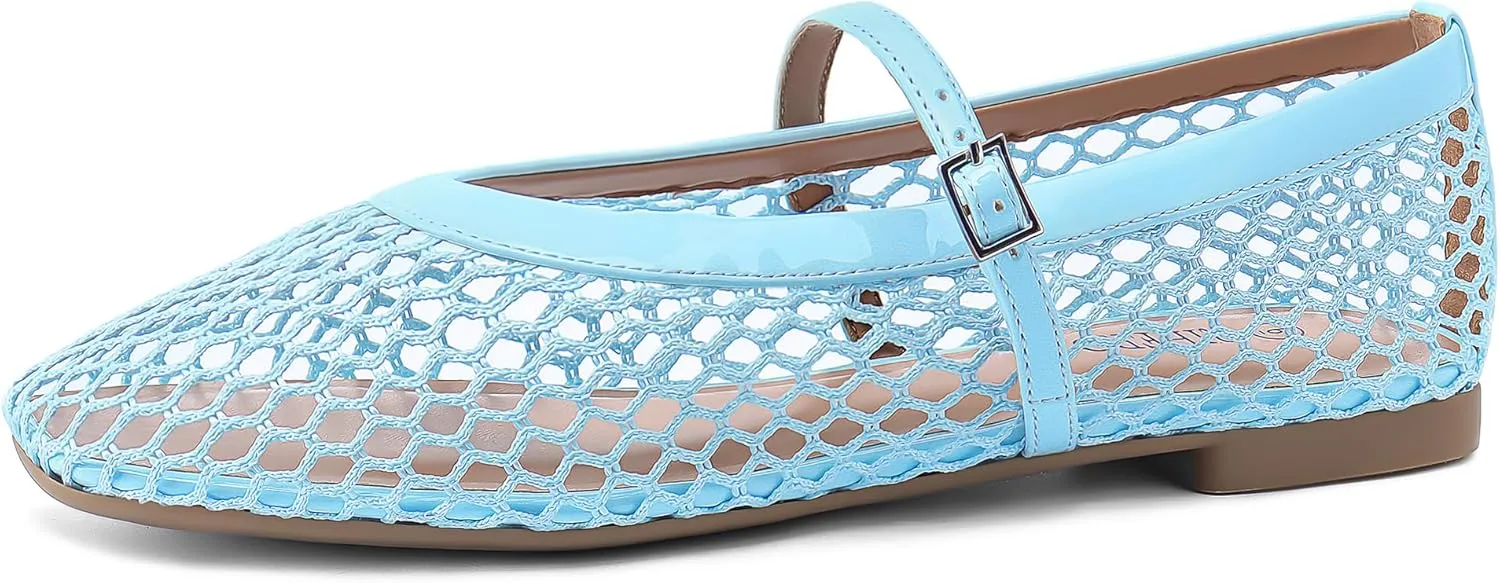 Rihero Mesh Ballet Flats for Women Comfortable Square Toe Ballerina Flats Buckle Strap Casual Fishnet Flat Shoes