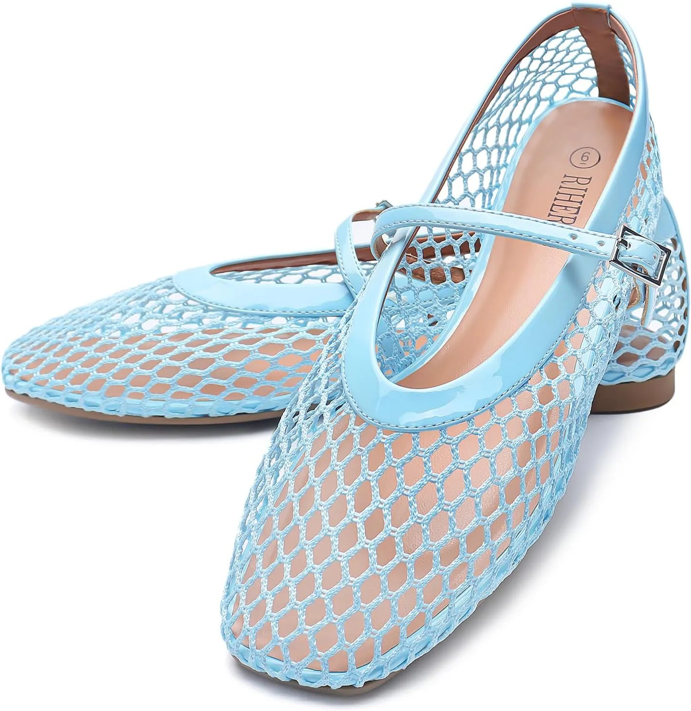 Rihero Mesh Ballet Flats for Women Comfortable Square Toe Ballerina Flats Buckle Strap Casual Fishnet Flat Shoes