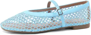 Rihero Mesh Ballet Flats for Women Comfortable Square Toe Ballerina Flats Buckle Strap Casual Fishnet Flat Shoes