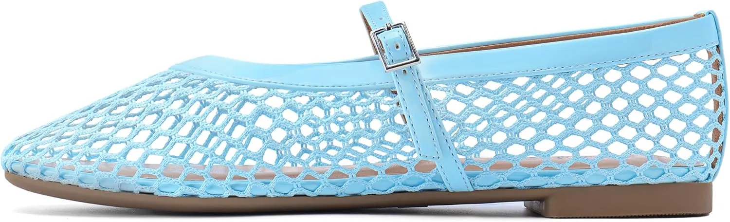 Rihero Mesh Ballet Flats for Women Comfortable Square Toe Ballerina Flats Buckle Strap Casual Fishnet Flat Shoes