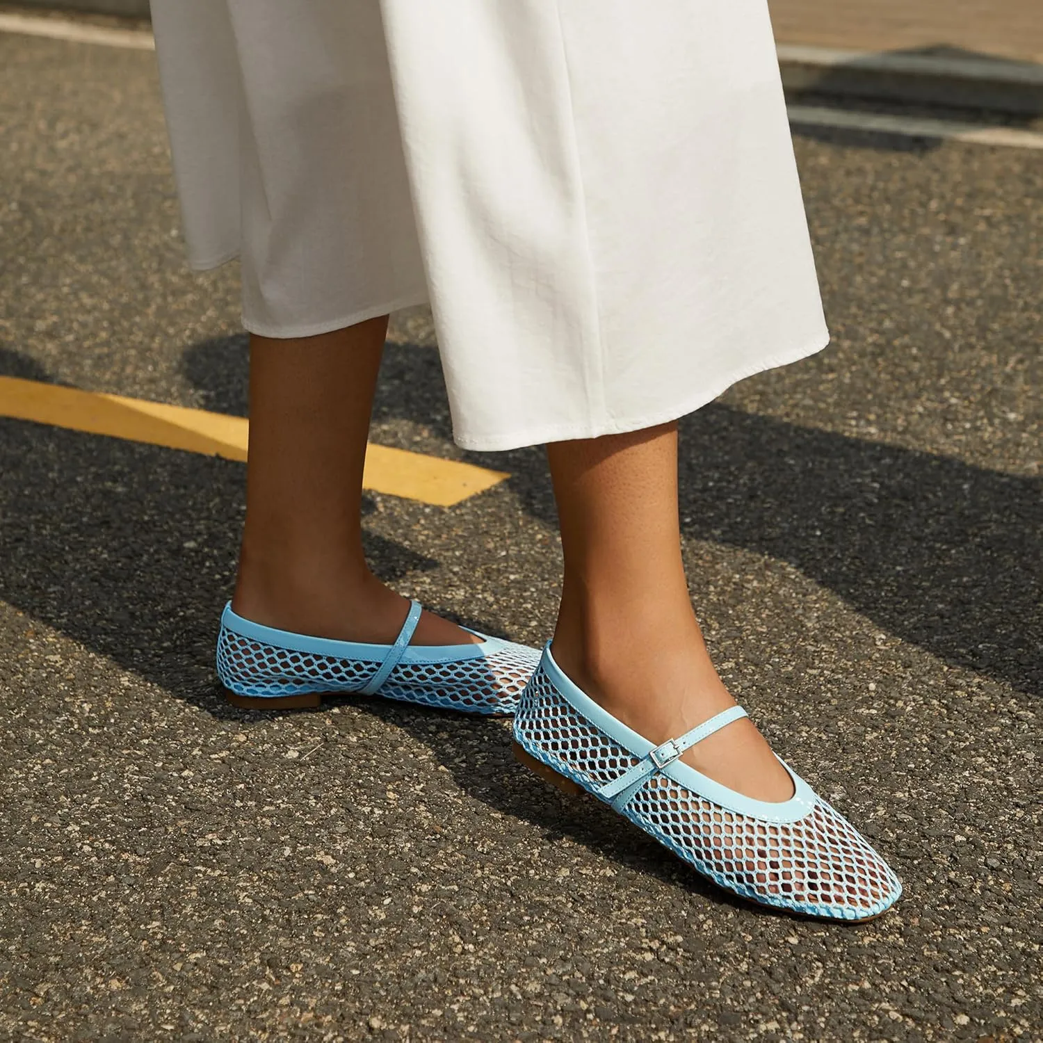 Rihero Mesh Ballet Flats for Women Comfortable Square Toe Ballerina Flats Buckle Strap Casual Fishnet Flat Shoes