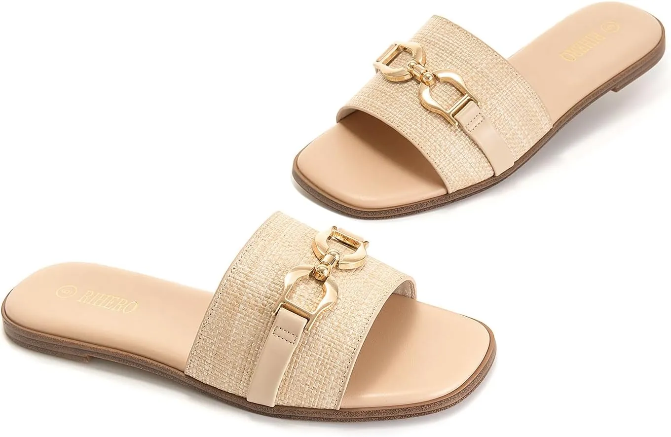 Rihero Women's Flat Sandals Summer Comfortable Square Open Toe Slip On Leather Slide Sandals
