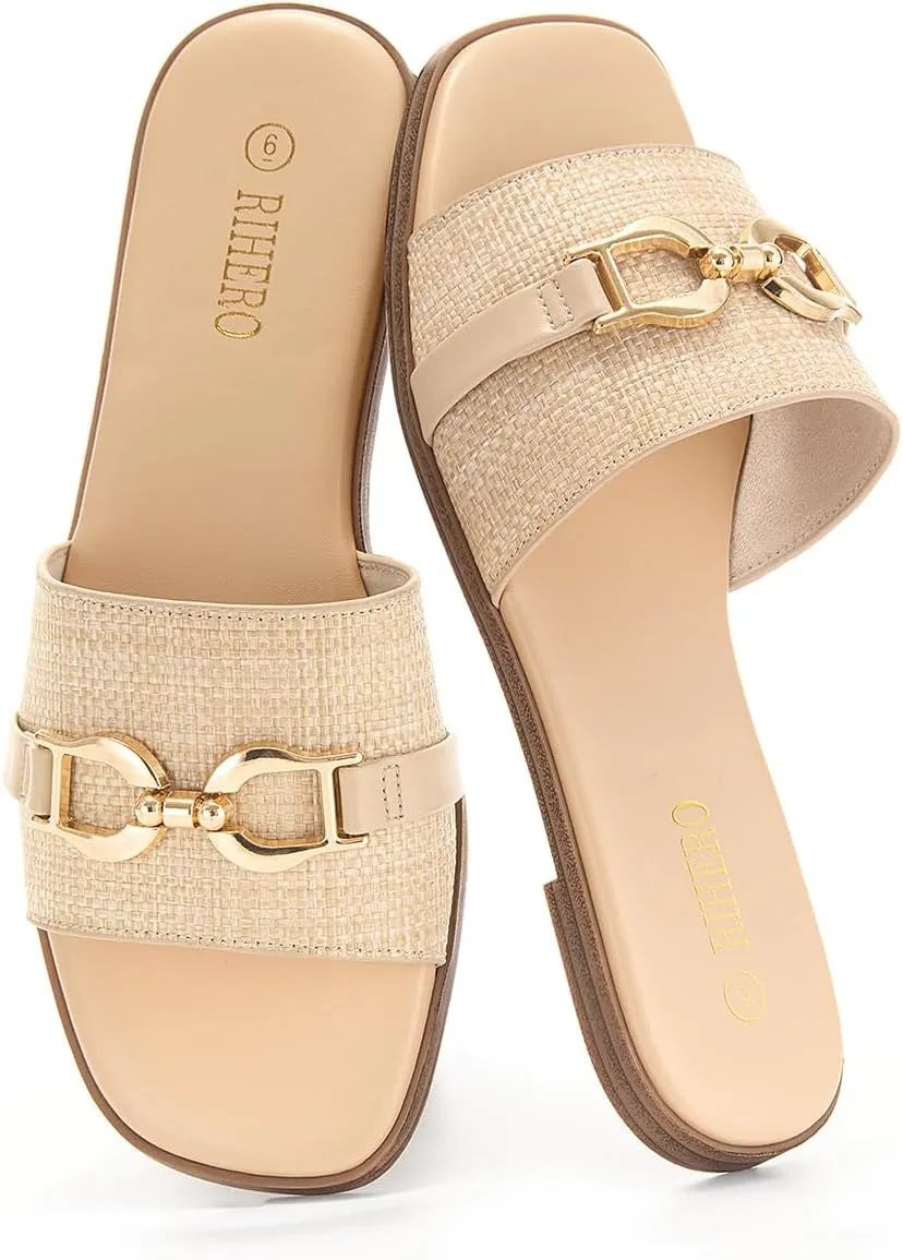 Rihero Women's Flat Sandals Summer Comfortable Square Open Toe Slip On Leather Slide Sandals
