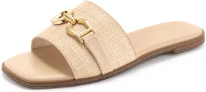 Rihero Women's Flat Sandals Summer Comfortable Square Open Toe Slip On Leather Slide Sandals