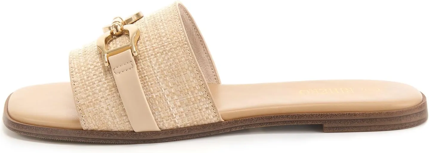 Rihero Women's Flat Sandals Summer Comfortable Square Open Toe Slip On Leather Slide Sandals