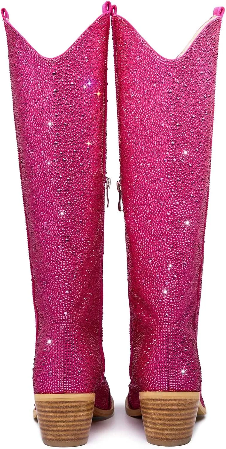 RKQ Women's Sparkly Rhinestone Western Glitter Pointed Toe Block mid Heel Knee High Cowboy Boots Zipper Pull-on Tabs for Girl Party Dating bling Cowgirl shoes