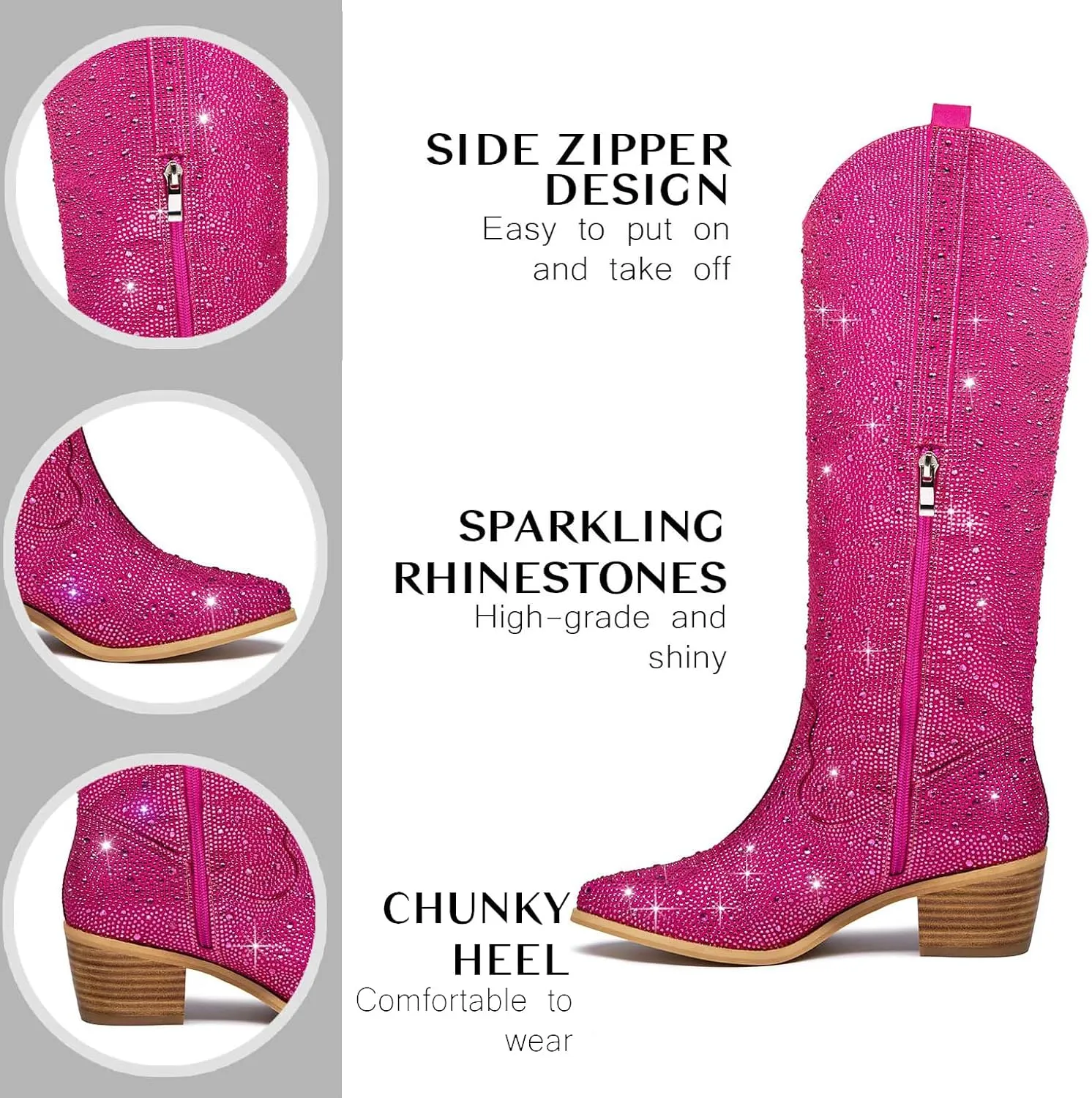 RKQ Women's Sparkly Rhinestone Western Glitter Pointed Toe Block mid Heel Knee High Cowboy Boots Zipper Pull-on Tabs for Girl Party Dating bling Cowgirl shoes