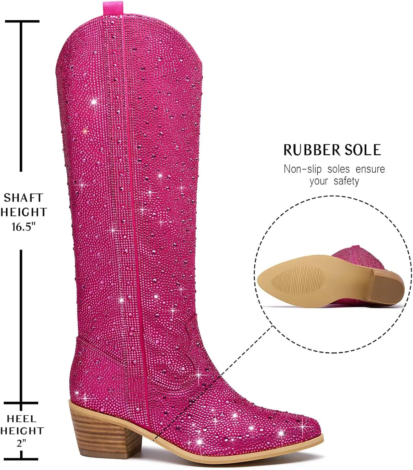 RKQ Women's Sparkly Rhinestone Western Glitter Pointed Toe Block mid Heel Knee High Cowboy Boots Zipper Pull-on Tabs for Girl Party Dating bling Cowgirl shoes