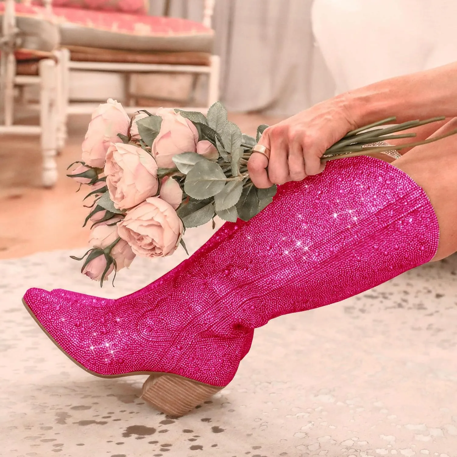 RKQ Women's Sparkly Rhinestone Western Glitter Pointed Toe Block mid Heel Knee High Cowboy Boots Zipper Pull-on Tabs for Girl Party Dating bling Cowgirl shoes