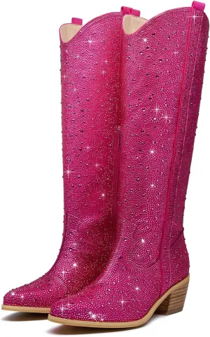 RKQ Women's Sparkly Rhinestone Western Glitter Pointed Toe Block mid Heel Knee High Cowboy Boots Zipper Pull-on Tabs for Girl Party Dating bling Cowgirl shoes
