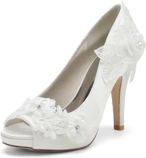 Roimaash Elegant Flower Wedding Pumps Platform Peep Toe Embroidery Lace