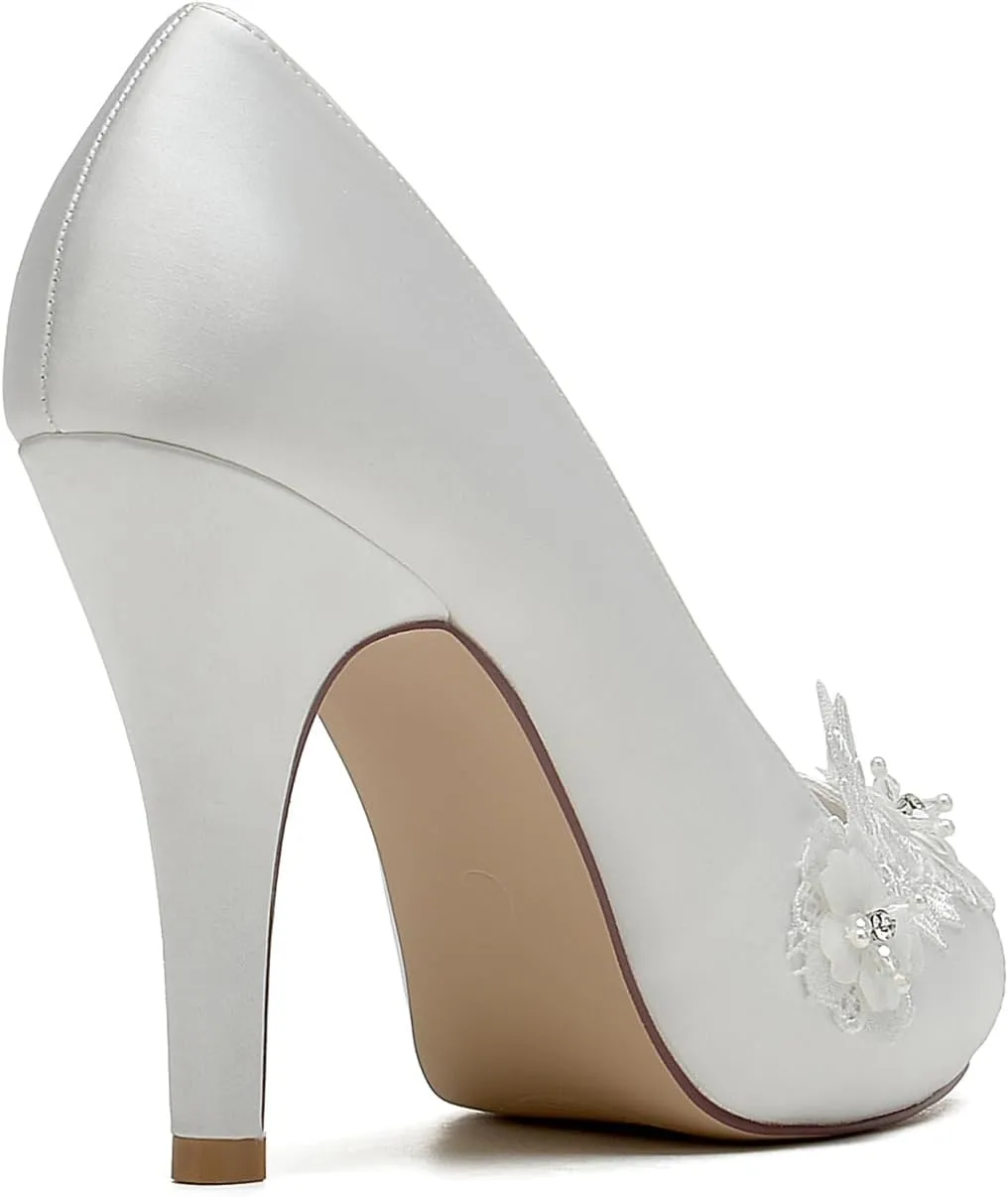 Roimaash Elegant Flower Wedding Pumps Platform Peep Toe Embroidery Lace