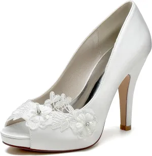 Roimaash Elegant Flower Wedding Pumps Platform Peep Toe Embroidery Lace