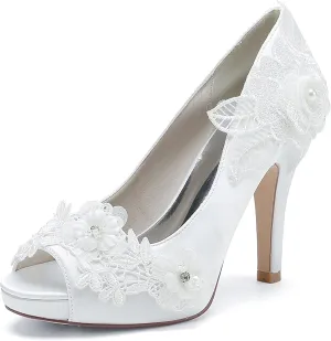 Roimaash Elegant Flower Wedding Pumps Platform Peep Toe Embroidery Lace