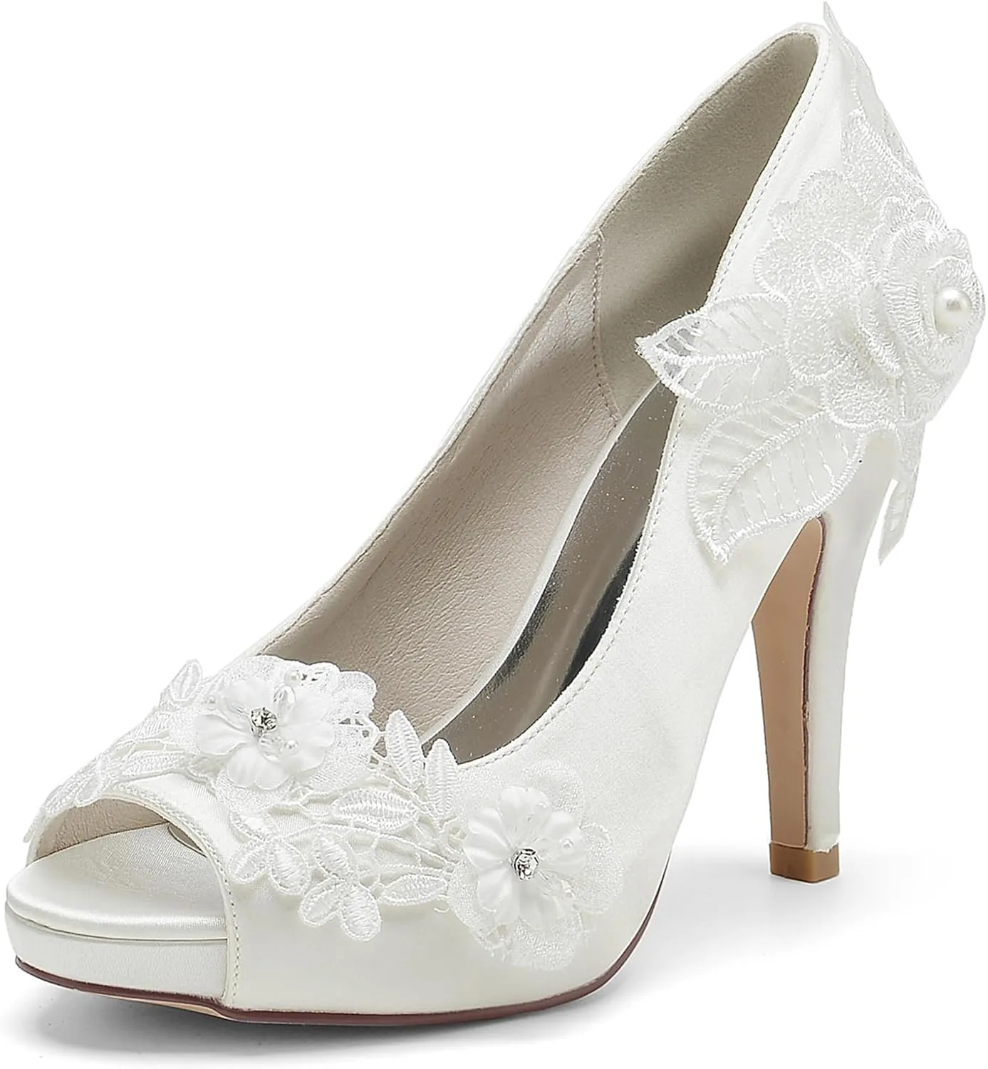 Roimaash Elegant Flower Wedding Pumps Platform Peep Toe Embroidery Lace