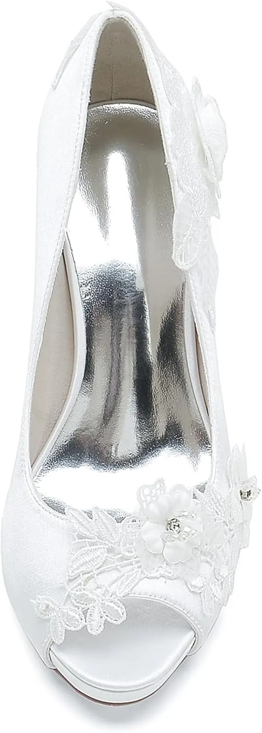 Roimaash Elegant Flower Wedding Pumps Platform Peep Toe Embroidery Lace
