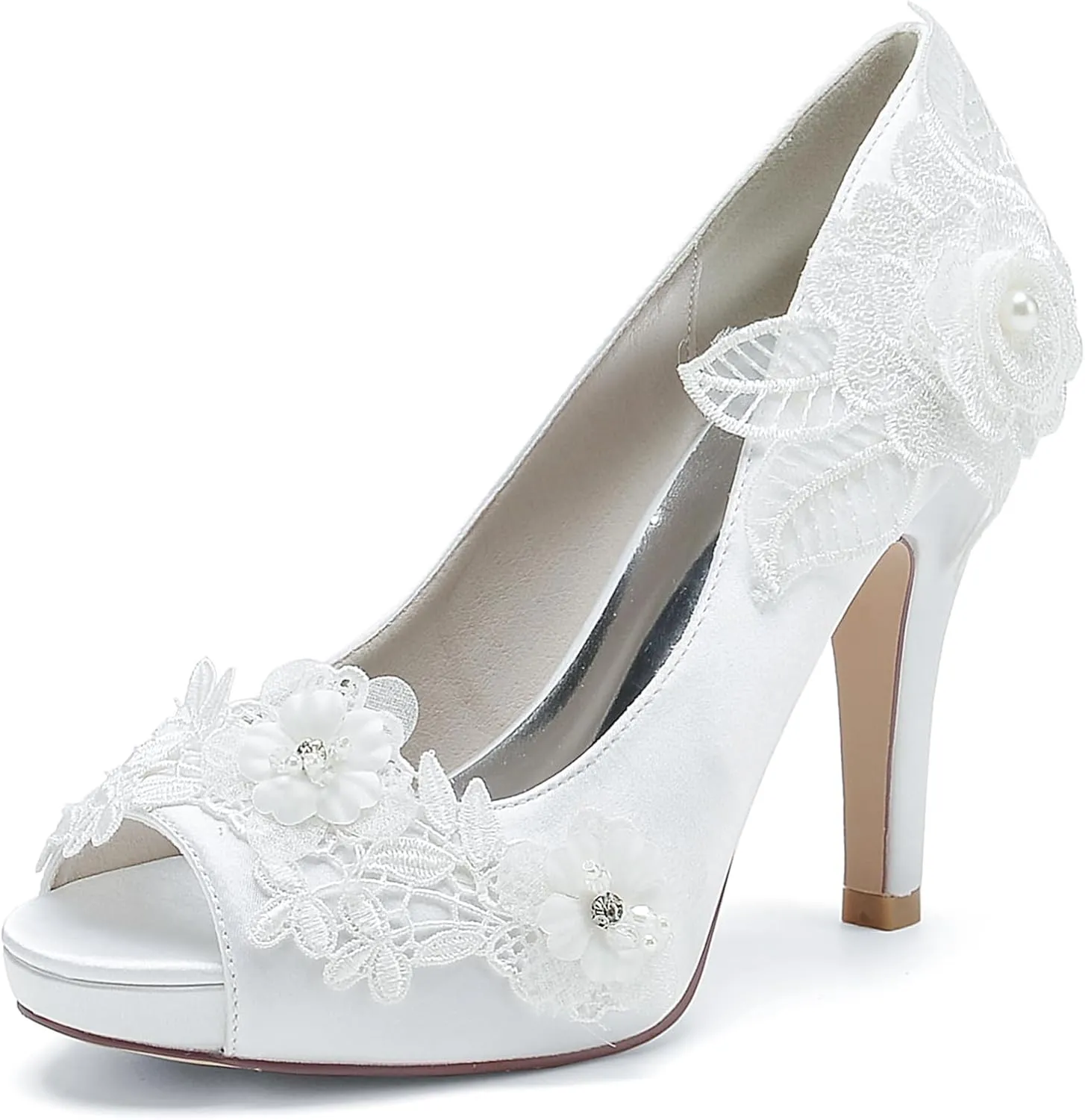 Roimaash Elegant Flower Wedding Pumps Platform Peep Toe Embroidery Lace